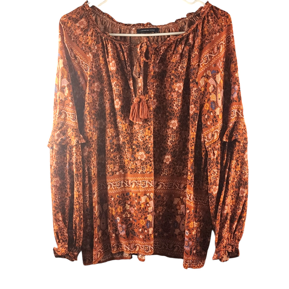 American Eagle Burnt Orange Floral Print Long Sleeve Peasant Blouse Sz Large